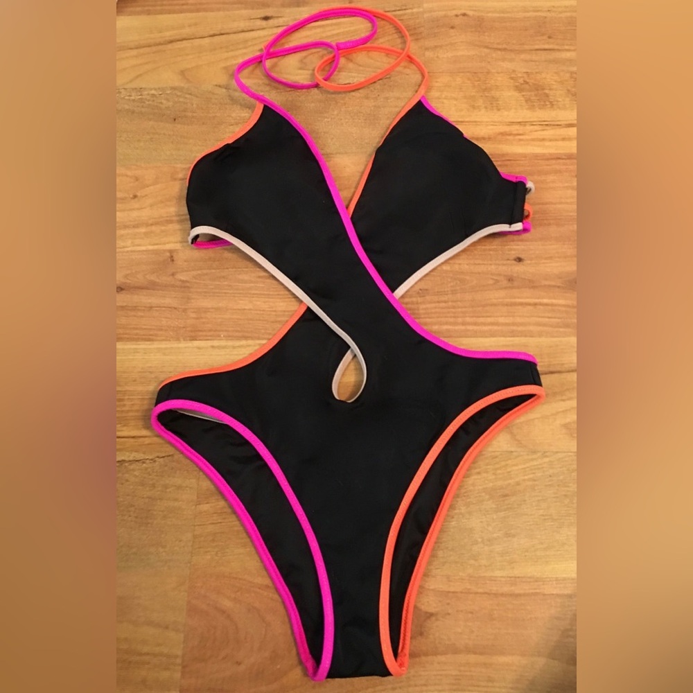 Victoria's Secret Black Swimsuit with Pink Logo Print